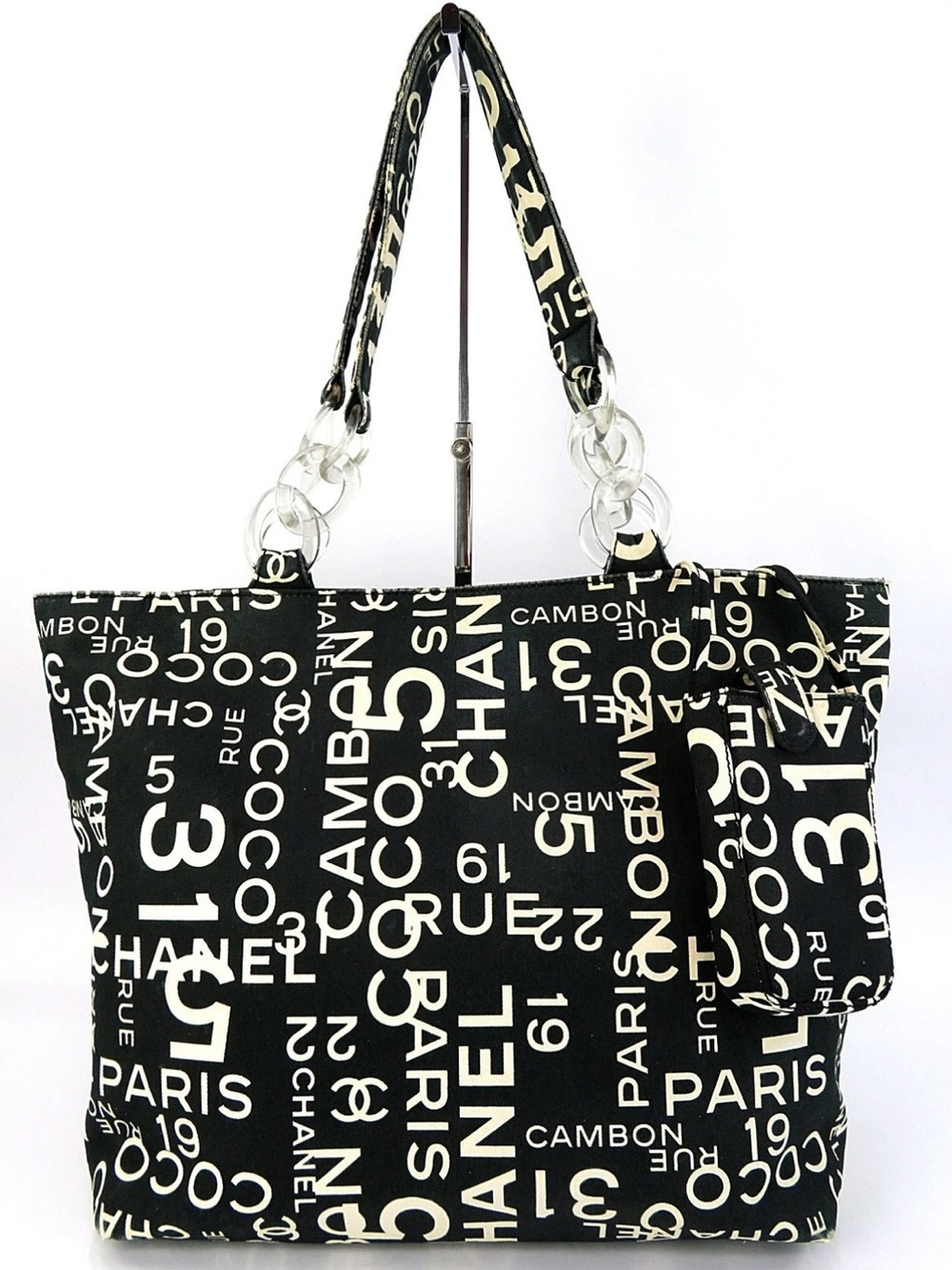 CHANEL Black and White Logo Graphic Tote with Matching Pouch